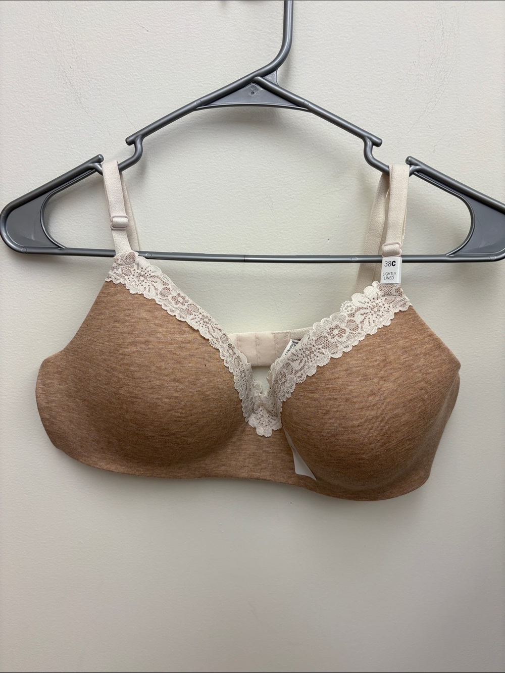 PINK Victoria's Secret Heather Brown Wireless Lace-Trim Bra with Cream Accents
